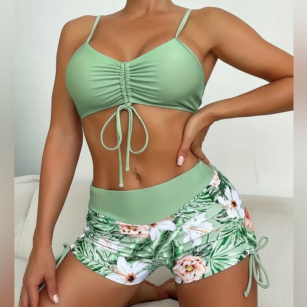 Tropical Floral Drawstring Top High Waisted Shorts Swimwear Set - Picture 2 of 8